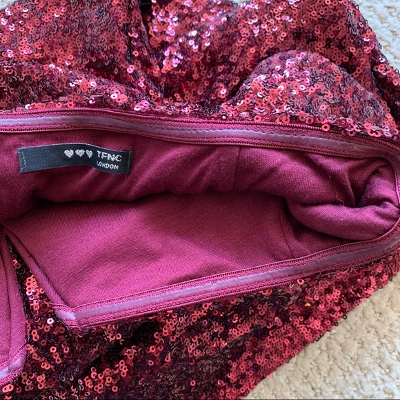 ASOS TFNC Bardot Dress Sequin Burgundy - Picture 10 of 14